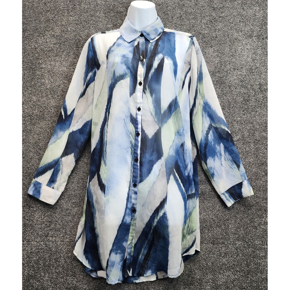 Chico's Women's Abstract Watercolor Print Button Up Tunic Blouse Coastal Size 1